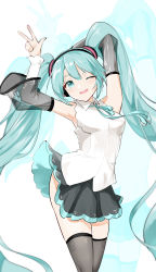 Rule 34 | 1girl, ;o, absurdres, aqua eyes, aqua hair, aqua necktie, arm behind head, arms up, black thighhighs, breasts, cowboy shot, detached sleeves, hatsune miku, hatsune miku (nt), highres, jiu ye sang, long hair, looking at viewer, miniskirt, neck ribbon, necktie, one eye closed, open mouth, ribbon, shirt, simple background, skirt, small breasts, solo, thighhighs, twintails, very long hair, vocaloid, w, white background, white shirt, zoom layer