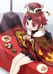 Rule 34 | 1girl, :d, benienma (fate), black skirt, blush, commentary request, dango, fate/grand order, fate (series), feet out of frame, food, harada (sansei rain), hat, highres, holding, holding food, japanese clothes, kimono, long hair, long sleeves, looking at viewer, low ponytail, open mouth, plate, pleated skirt, ponytail, red eyes, red hair, red hat, red kimono, sakura mochi, sanshoku dango, skirt, smile, solo, very long hair, wagashi, wide sleeves