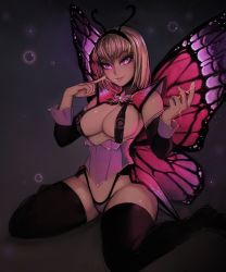 Rule 34 | 1girl, absurdres, antennae, arthropod girl, artist name, bad id, bad tumblr id, black footwear, blonde hair, boots, breasts, breasts out, butterfly wings, commentary, detached sleeves, english commentary, hairband, highres, honey, insect wings, large breasts, looking at viewer, matilda fiship, monster girl, monster girl encyclopedia, papillon (monster girl encyclopedia), pink eyes, pink wings, short hair, smile, solo, thigh boots, thighhighs, wings
