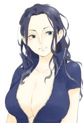 Rule 34 | 1girl, black hair, blue eyes, breasts, cleavage, collarbone, curly hair, high collar, large breasts, leather vest, light smile, long hair, looking at viewer, nametake (nmtk x), nico robin, one piece, short sleeves, simple background, solo, unzipped, upper body, vest, white background