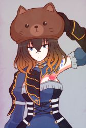 Rule 34 | 1girl, bad link, bear, bear hat, black hair, bloodstained: ritual of the night, blue eyes, blush, breasts, brown hair, detached sleeves, gauntlets, gradient hair, hair between eyes, hair ornament, hat, horns, image sample, looking at viewer, miriam (bloodstained), multicolored hair, pale skin, short hair, simple background, solo, stained glass, suta (clusta), tattoo, tumblr sample