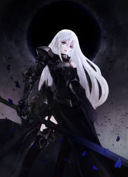 Rule 34 | 1girl, absurdres, armor, bad id, bad pixiv id, bare shoulders, black armor, blue eyes, breastplate, dark, eclipse, fantasy, female knight, gauntlets, hair between eyes, highres, holding, holding sword, holding weapon, knight, lama 064, long hair, moon, original, parted lips, pauldrons, petals, plate armor, shoulder armor, single bare shoulder, single pauldron, solo, sword, vambraces, weapon, white hair