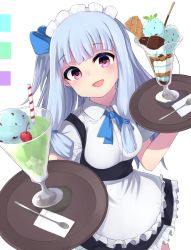 Rule 34 | 1girl, :d, apron, blue bow, blue bowtie, blue hair, blue ribbon, bow, bowtie, breasts, cherry, cup, dress, drink, drinking glass, drinking straw, food, frilled apron, frilled dress, frills, fruit, hair ribbon, highres, holding, ice cream, kotonoha aoi, light blue hair, long hair, looking at viewer, maid apron, maid headdress, medium breasts, mint chocolate, napkin, one side up, open mouth, paingumi, pink eyes, ribbon, saucer, short sleeves, smile, solo, spoon, voiceroid, white apron, white background