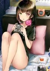Rule 34 | 1girl, absurdres, artist request, ass, bare legs, black hair, black shirt, book, breasts, check artist, clock, clothes writing, collarbone, crumpled paper, digital clock, green eyes, headphones, headphones around neck, heterochromia, highres, holding, hood, hood down, knees up, looking at viewer, medium breasts, minamikaze rema, no pants, open book, original, panties, parted lips, pillow, playstation controller, reclining, red eyes, scan, shirt, short hair, short sleeves, sidelocks, soda bottle, solo, thighs, underwear, white panties