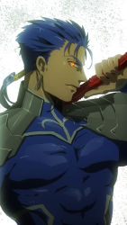 Rule 34 | 1boy, awa suna, blue hair, cu chulainn (fate), earrings, fate/stay night, fate (series), gae bolg (fate), glowing, glowing eyes, jewelry, cu chulainn (fate/stay night), male focus, over shoulder, polearm, ponytail, profile, red eyes, solo, spear, weapon, weapon over shoulder