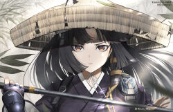 Rule 34 | 1girl, animal ear fluff, animal ears, arknights, black gloves, black hair, black kimono, brown eyes, brown headwear, commentary request, copyright name, dated, dog ears, ears through headwear, facial mark, fingerless gloves, forehead mark, gloves, holding, holding weapon, japanese clothes, kimono, leaf, long hair, looking at viewer, parted bangs, parted lips, saga (arknights), smile, solo, twitter username, upper body, v-shaped eyebrows, very long hair, weapon, yokaze (yokajie)