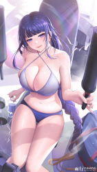 Rule 34 | 1girl, bare arms, bare shoulders, blue panties, blunt bangs, bottle, breasts, cleavage, commentary request, criss-cross halter, feet out of frame, genshin impact, halterneck, head tilt, highres, holding, large breasts, long braid, long hair, mole, mole under eye, navel, panties, pink lips, purple eyes, purple hair, raiden shogun, sitting, solo, stomach, thighs, underwear, very long hair, yuxing yuhang