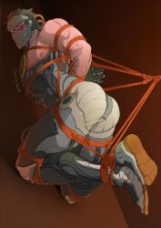 Rule 34 | 1boy, arms behind back, artist name, ass, bara, black hair, blackwatch genji, blush, bound, bound ankles, bound arms, bound legs, bound thighs, bound wrists, evinist, forehead protector, genji (overwatch), gradient background, highres, large pectorals, male focus, mask, muscular, muscular male, nipples, official alternate costume, overwatch, overwatch 1, pectorals, red rope, rope, shibari, short hair, simple background, solo, thick thighs, thighs