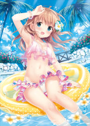 Rule 34 | 1girl, :d, arm up, bare shoulders, bikini, blue eyes, blue flower, blue sky, blush, bracelet, breasts, cloud, commentary request, day, flower, hair flower, hair ornament, innertube, jewelry, kimishima ao, light brown hair, long hair, looking at viewer, momoi saki, open mouth, original, outdoors, palm tree, pool, see-through, sitting, sky, small breasts, smile, soaking feet, solo, swim ring, swimsuit, tree, water, wet, white bikini
