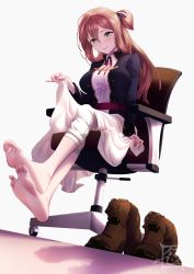 Rule 34 | 1girl, absurdres, barefoot, blush, boots, brown hair, chair, cross-laced footwear, feet, foreshortening, girls&#039; frontline, green eyes, grey background, hair between eyes, highres, lace-up boots, long hair, looking at viewer, office chair, shoes, sitting, smile, soles, springfield (girls&#039; frontline), swivel chair, toes, unworn boots, unworn shoes