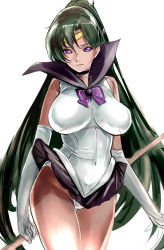 Rule 34 | 1990s (style), 1girl, bad id, bad pixiv id, bishoujo senshi sailor moon, black neckwear, bow, breasts, choker, covered navel, dark-skinned female, dark skin, dodai shouji, elbow gloves, gloves, green hair, highres, holding, holding staff, huge breasts, large breasts, long hair, looking at viewer, magical girl, meiou setsuna, miniskirt, pleated skirt, purple bow, purple eyes, retro artstyle, sailor pluto, simple background, skirt, smile, solo, staff, thigh gap, thighs, very long hair, white background, white gloves
