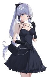 Rule 34 | 1girl, absurdres, alternate costume, ayaka (genshin impact), bag, black bow, black choker, black dress, black gloves, blue eyes, blue hair, bow, butterfly hair ornament, choker, commentary, cowboy shot, criss-cross halter, dress, feint721, genshin impact, gloves, hair bow, hair ornament, halterneck, hand up, handbag, highres, long hair, looking at viewer, ponytail, revision, sidelocks, simple background, sleeveless, sleeveless dress, smile, solo, standing, very long hair, white background
