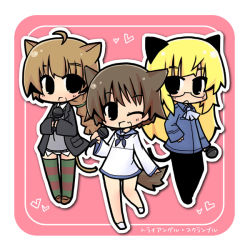 Rule 34 | 3girls, animal ears, blonde hair, brown hair, cat ears, cat tail, dog ears, dog tail, fang, glasses, heart, luu, lynette bishop, microphone, miyafuji yoshika, multiple girls, one eye closed, pantyhose, perrine h. clostermann, strike witches, striped clothes, striped legwear, striped thighhighs, tail, thighhighs, wink, world witches series