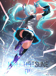 Rule 34 | 1girl, absurdres, aqua eyes, aqua hair, arm up, armpits, bani-lizo, bare shoulders, black skirt, black sleeves, black thighhighs, blue necktie, character name, commentary, detached sleeves, floating hair, glowing, grey shirt, hair ornament, hatsune miku, highres, huge filesize, leg up, long hair, looking at viewer, miniskirt, necktie, open mouth, pleated skirt, refraction, shirt, skirt, sleeveless, sleeveless shirt, smile, solo, standing, standing on one leg, thighhighs, twintails, twisted torso, very long hair, vocaloid, zettai ryouiki