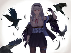 Rule 34 | 1girl, absurdres, arm up, bird, black hairband, black pantyhose, black skirt, blue hair, breasts, camouflage, collared shirt, crow, feathers, girls&#039; frontline, hairband, highres, light blue hair, long hair, looking at viewer, medium breasts, off shoulder, open clothes, open mouth, pantyhose, pouch, red eyes, scar, scar on neck, shirt, skirt, solo, straight hair, teruru (pixiv 6148103), thunder (girls&#039; frontline), underbust, white background, white shirt