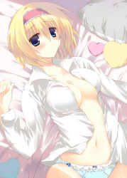 Rule 34 | 1girl, alice margatroid, bad id, bad pixiv id, bed, blonde hair, blue eyes, blue panties, blush, breasts, cleavage, collarbone, female focus, frills, hairband, heart, kinoko (hkn), large breasts, lying, navel, no bra, no pants, on back, open clothes, open shirt, panties, pillow, shirt, short hair, solo, touhou, underwear, white shirt