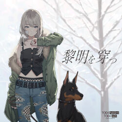 Rule 34 | 1girl, absurdres, album cover, arm at side, bandaid, bandaid on face, bare tree, breasts, closed mouth, collar, cover, denim, doberman, dog, earclip, feet out of frame, fingernails, fishnet pantyhose, fishnets, fur-trimmed jacket, fur trim, girls band cry, green jacket, grey eyes, grey hair, hand up, highres, holding, holding leash, jacket, jeans, kawaragi momoka, leash, long hair, looking at viewer, midriff, nail polish, official art, open clothes, open jacket, outdoors, pants, pantyhose, red nails, second-party source, shirt, sleeveless, sleeveless shirt, sleeves past wrists, small breasts, snow, solo, spiked collar, spikes, standing, teshima nari, torn clothes, torn jeans, torn pants, tree