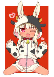 Rule 34 | 1girl, ;d, animal ear fluff, animal ears, animal hood, bell, blonde hair, chinese zodiac, collar, commentary request, cow ears, cow hood, cow horns, ears through headwear, etrian odyssey, fake animal ears, fake horns, full body, hands up, heart, heart-shaped pupils, highres, hood, hood up, hooded jacket, horns, jacket, long hair, long sleeves, masurao (sekaiju), naga u, neck bell, one eye closed, open mouth, pinching sleeves, puffy long sleeves, puffy sleeves, rabbit ears, red background, red collar, red eyes, sekaiju no meikyuu, sekaiju no meikyuu 5, sidelocks, sitting, sleeves past wrists, smile, solo, symbol-shaped pupils, thick eyebrows, two-tone background, wariza, white background, white jacket, year of the ox