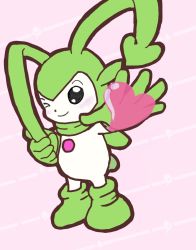 Rule 34 | digimon, digimon (creature), heart, highres, long ears, one eye closed, pucchiemon (green), simple background, solo, white background, wink