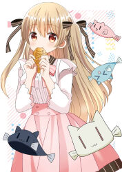 Rule 34 | 1girl, absurdres, black bow, blush, bow, breasts, brown hair, commentary request, eating, food, hair between eyes, hair bow, highres, holding, holding food, long sleeves, looking at viewer, medium breasts, minagi koharu, pink bow, pink skirt, pleated skirt, red eyes, ryoutan, shirt, skirt, slow loop, solo, striped, striped bow, taiyaki, two side up, wagashi, white background, white shirt