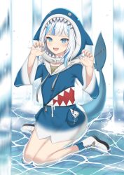 Rule 34 | 1girl, :d, animal costume, animal hood, blue eyes, blue hair, blue hoodie, blue nails, blunt bangs, claw pose, commentary, english commentary, fins, fish tail, full body, gawr gura, gawr gura (1st costume), hands up, highres, hololive, hololive english, hood, hoodie, long sleeves, looking at viewer, medium hair, multicolored hair, nail polish, open mouth, shark costume, shark girl, shark hood, shark tail, sharp teeth, sitting, smile, solo, streaked hair, suikunart, tail, teeth, two-tone hair, virtual youtuber, wariza, water, white background, white footwear, white hair, wide sleeves