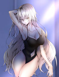 Rule 34 | 1girl, arm behind head, armpits, black one-piece swimsuit, breasts, cleavage, collarbone, fate/grand order, fate (series), highres, jeanne d&#039;arc (fate), jeanne d&#039;arc alter (avenger) (fate), jeanne d&#039;arc alter (fate), long hair, navel, one-piece swimsuit, ruler (fate/grand order), silver hair, solo, swimsuit, tetsu (excalibur920), very long hair, yellow eyes