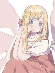Rule 34 | 1girl, :t, blonde hair, blue eyes, blush, detached wings, dress, flower-shaped pupils, hands up, lily white, looking at viewer, nama udon, pinafore dress, pink wings, red dress, shirt, short hair, simple background, sitting, sleeveless, sleeveless dress, solo, symbol-shaped pupils, touhou, white background, white shirt, wings