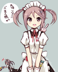Rule 34 | 10s, 2girls, alternate costume, alternate hairstyle, amano kouki, animal, animal on shoulder, apron, badge, enmaided, frills, grey background, hair bobbles, hair ornament, hairband, hairclip, highres, kantai collection, light brown hair, long hair, looking at viewer, maid, maid apron, maid headdress, md5 mismatch, multiple girls, open mouth, pink eyes, pink hair, rabbit, ribbon, sazanami (kancolle), short hair, simple background, skirt, smile, translation request, twintails, twitter username, uniform, v arms, wrist cuffs, zuihou (kancolle)