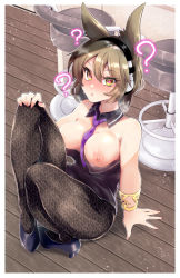 Rule 34 | 1girl, ?, alternate costume, bangle, bar stool, between breasts, black footwear, black leotard, black pantyhose, blush, bracelet, breasts, breasts out, breath, brown hair, clothes pull, commentary, detached collar, dress pull, eyelashes, full body, hair between eyes, hair flaps, headphones, heart, heart-shaped pupils, heavy breathing, high heels, hypnosis, indoors, jewelry, kurokan (kokkyou oudan), leotard, looking at viewer, medium breasts, medium hair, mind control, necktie, necktie between breasts, nipples, open mouth, outline, pantyhose, playboy bunny, purple necktie, ringed eyes, sitting, solo, stool, sweat, symbol-shaped pupils, touhou, toyosatomimi no miko, wing collar, wooden floor
