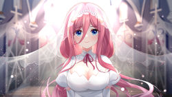 Rule 34 | 1girl, blue eyes, blurry, blurry background, breasts, bridal veil, bride, cleavage, closed mouth, diadem, dress, go-toubun no hanayome, gou lianlian dogface, hair between eyes, highres, large breasts, long hair, looking at viewer, low twintails, nakano miku, neck ribbon, pink hair, red ribbon, ribbon, smile, solo, twintails, upper body, veil, very long hair, wedding dress