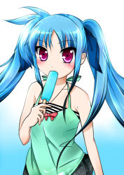 Rule 34 | 1girl, bad id, bad pixiv id, bare shoulders, blue hair, blush, camisole, eating, food, gradient background, hair ribbon, lyrical nanoha, mahou shoujo lyrical nanoha, mahou shoujo lyrical nanoha a&#039;s, mahou shoujo lyrical nanoha a&#039;s portable: the battle of aces, levi the slasher, multicolored hair, nata (7natadeco), popsicle, purple eyes, remu-0918, ribbon, skirt, solo, striped, twintails
