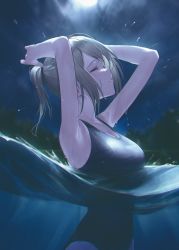 Rule 34 | 1girl, absurdres, armpits, arms up, blurry, blurry background, closed eyes, from side, highres, medium hair, night, night sky, original, outdoors, parted lips, partially submerged, school swimsuit, short ponytail, sidelocks, sky, solo, swimsuit, takubon, textless version, upper body, water