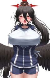 Rule 34 | arms behind back, black choker, black hair, blue archive, bouncing breasts, breasts, choker, collarbone, doughnut, feathered wings, food, halo, hasumi (blue archive), hasumi (track) (blue archive), highres, jacket, large breasts, lazb., low wings, messy hair, open clothes, open jacket, open mouth, ponytail, red eyes, red halo, short shorts, shorts, straight-on, sweat, thigh gap, thighs, white background, wings