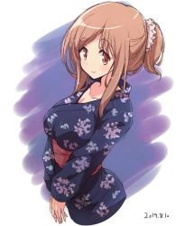 Rule 34 | 1girl, aikawa chiho, breasts, brown eyes, cropped torso, dated, floral print, highres, japanese clothes, kimono, light brown hair, mel (melty pot), own hands together, pink scrunchie, ponytail, sash, scrunchie, solo, yukata, yuyushiki