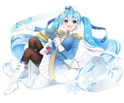 Rule 34 | 1girl, band uniform, beamed eighth notes, blue eyes, blue hair, blue jacket, boots, bow, bowtie, commentary, eighth note, epaulettes, french horn, full body, gloves, gradient hair, hair ornament, hairclip, hat, hat feather, hatsune miku, highres, holding, holding instrument, instrument, jacket, knees up, long hair, looking at viewer, masumofu, multicolored hair, musical note, open mouth, outstretched arm, pantyhose, pleated skirt, sheet music, skirt, smile, snowflakes, solo, staff (music), tassel, twintails, very long hair, vocaloid, white footwear, white gloves, white hat, white skirt, yuki miku, yuki miku (2020)
