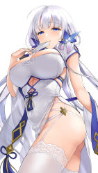 Rule 34 | 1girl, ahoge, ass, azur lane, blue eyes, blush, breasts, china dress, chinese clothes, cleavage, cutout above navel, dress, duplicate, folded fan, folding fan, from below, garter straps, hair ornament, hand fan, highres, holding, holding fan, illustrious (azur lane), illustrious (maiden lily&#039;s radiance) (azur lane), lace, lace-trimmed legwear, lace trim, large breasts, long hair, looking at viewer, looking down, mole, mole under eye, neko ni mieru, pixel-perfect duplicate, ribbon, side slit, simple background, skindentation, smile, solo, standing, thighhighs, thighs, very long hair, white background, white dress, white hair, white theme, white thighhighs