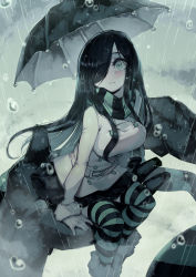 Rule 34 | 1girl, 1other, aria wintermint, arm support, belt, black footwear, black hair, black skirt, blush, boots, breasts, buttons, cloud, cloudy sky, coat, commentary, dated commentary, fur-trimmed boots, fur-trimmed coat, fur trim, giant, gloves, goth fashion, green eyes, green scarf, green thighhighs, grey sky, hair over breasts, hair over one eye, highres, holding, holding umbrella, in palm, large breasts, long hair, long sleeves, looking up, miniskirt, official art, one eye covered, overcast, parororo, parted lips, pleated skirt, rain, raincoat, redrawn, scarf, sidelocks, sitting, skirt, sky, solo focus, striped clothes, striped scarf, striped thighhighs, symbol-only commentary, the crawling city, thighhighs, umbrella, water drop, wet, wet clothes, white coat, zettai ryouiki