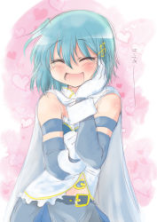 Rule 34 | 10s, 1girl, :d, ^ ^, armband, bad id, bad pixiv id, belt, blue hair, blush, cape, closed eyes, fortissimo, gloves, hair ornament, hairband, hairclip, hand on own cheek, hand on own face, happy, heart, heart background, magical girl, mahou shoujo madoka magica, mahou shoujo madoka magica (anime), mahou shoujo madoka magica movie 1 &amp; 2, miki sayaka, musical note, musical note hair ornament, nakasawa kei, open mouth, short hair, smile, solo, soul gem