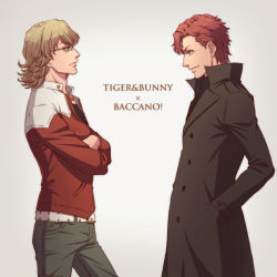 Rule 34 | 00s, 10s, 2boys, baccano!, barnaby brooks jr., belt, blonde hair, claire stanfield, coat, copyright name, crossed arms, crossover, eye contact, glasses, green eyes, jacket, looking at another, lunarclinic, morita masakazu, multiple boys, red eyes, red hair, red jacket, short hair, tiger &amp; bunny, trench coat, voice actor connection