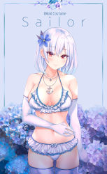 Rule 34 | 1girl, absurdres, anchor necklace, bare shoulders, bikini, bikini skirt, blue flower, bnari, breasts, cleavage, closed mouth, collarbone, cowboy shot, crotch seam, elbow gloves, flower, frilled bikini, frills, gloves, hair flower, hair ornament, halterneck, halterneck, hand on own stomach, highres, hydrangea, jewelry, large breasts, looking at viewer, navel, necklace, original, purple flower, red eyes, short hair, solo, standing, stomach, swimsuit, thighhighs, white bikini, white gloves, white hair, white thighhighs