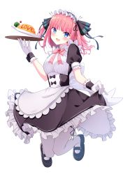 Rule 34 | 1girl, :d, absurdres, blue eyes, blush, bow, bowtie, food, gloves, go-toubun no hanayome, highres, holding, holding clothes, holding skirt, ketchup, looking at viewer, maid, maid headdress, nakano nino, omelet, omurice, open mouth, pink hair, profnote, shoes, short hair, simple background, skirt, smile, solo, thighhighs, two side up, waitress, white background, white gloves, wrist cuffs