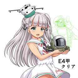Rule 34 | 1boy, 1girl, anchor hair ornament, beret, blush, dress, gloves, green eyes, grey hair, hair ornament, hat, headgear, highres, kantai collection, long dress, long hair, maestrale (kancolle), military, military hat, military uniform, neckerchief, open mouth, school uniform, side ponytail, simple background, smile, smoke, striped neckerchief, striped neckwear, tk8d32, uniform, white background
