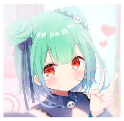 Rule 34 | 1girl, bare shoulders, blue bow, blue dress, blue hair, blush, bow, closed mouth, deyui, double bun, drawn whiskers, dress, earrings, gradient hair, green hair, hair bow, hair bun, hair ornament, hand up, heart, highres, hololive, jewelry, long sleeves, looking at viewer, multicolored hair, red eyes, skull earrings, skull hair ornament, sleeveless, sleeveless dress, solo, upper body, uruha rushia, uruha rushia (1st costume), v, virtual youtuber