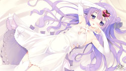 Rule 34 | 1girl, absurdres, artist name, azur lane, bare shoulders, bed sheet, black ribbon, blush, bow, breasts, candy, chocolate, chocolate heart, cleavage, collarbone, commentary request, criss-cross halter, detached sleeves, dress, food, gift, gift wrapping, hair bun, hair ribbon, halterneck, heart, highres, holding, holding gift, long hair, long sleeves, looking at viewer, lying, natsumiya yuzu, on back, parted lips, purple bow, purple eyes, purple hair, ribbon, side bun, signature, single hair bun, single side bun, sleeves past wrists, small breasts, solo, thighhighs, unicorn (azur lane), valentine, very long hair, white dress, white thighhighs