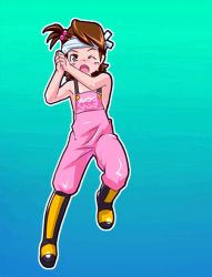 Rule 34 | 00s, 1girl, animated, animated gif, boots, brown hair, dancing, futami ami, headband, idolmaster, idolmaster (classic), idolmaster 1, naked overalls, one eye closed, overalls, pink overalls, ponytail, rubber boots, shiny clothes, short hair, short ponytail, side ponytail, solo, st+1, wink