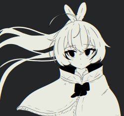 Rule 34 | 1girl, ahoge, black background, capelet, chromatic aberration, cloak, crossed bangs, feather hair ornament, feathers, floating hair, hair ornament, highres, hololive, hololive english, long hair, looking to the side, magui3, monochrome, mumei (hololive), mumei (song) (hololive), nanashi mumei, nanashi mumei (1st costume), ponytail, ribbon, shirt, very long hair, virtual youtuber