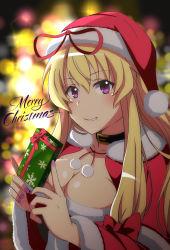 Rule 34 | 1girl, absurdres, alternate costume, belt collar, blonde hair, blurry, blurry background, blush, bow, breasts, capelet, christmas present, cleavage, collar, commentary request, english text, fingernails, fur-trimmed capelet, fur-trimmed sleeves, fur trim, gift, grin, hair between eyes, hair bow, hat, hat ribbon, highres, holding, holding gift, kyoukyan, long hair, long sleeves, looking past viewer, merry christmas, nail polish, pink nails, pom pom (clothes), purple eyes, red hat, red ribbon, ribbon, santa costume, santa hat, shiny skin, sidelocks, smile, smirk, solo, sparkle, touhou, upper body, very long hair, wide sleeves, yakumo yukari