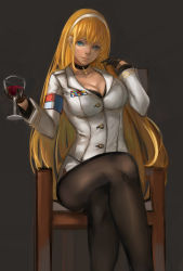 Rule 34 | 1girl, absurdres, alcohol, azur lane, black bra, black gloves, black pantyhose, blonde hair, blue eyes, bra, breasts, choker, cleavage, commentary request, cross, crossed legs, cup, cupping glass, drinking glass, fa lan jun, gloves, hairband, half gloves, head tilt, highres, holding, holding cup, holding drinking glass, large breasts, long hair, looking at viewer, north carolina (azur lane), pantyhose, sitting, solo, underwear, wine, wine glass