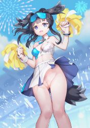 Rule 34 | 1girl, absurdres, aerial fireworks, animal ears, bare shoulders, black hair, blue archive, blue eyes, blue sky, bluesnail, breasts, censored, cheerleader, cleft of venus, dog ears, dog girl, dog tail, eyewear on head, fireworks, goggles, goggles on head, groin, halo, hibiki (blue archive), hibiki (cheer squad) (blue archive), highres, long hair, looking at viewer, medium breasts, millennium cheerleader outfit (blue archive), miniskirt, mosaic censoring, no panties, official alternate costume, open mouth, paid reward available, pleated skirt, pom pom (cheerleading), pussy, sidelocks, skirt, sky, small breasts, solo, sunglasses, tail, twintails, white skirt, wristband