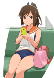 Rule 34 | 10s, 1girl, bare shoulders, blush, brown eyes, brown hair, cellphone, i-401 (kancolle), kantai collection, long hair, looking at viewer, one-piece swimsuit, phone, ponytail, sailor collar, school swimsuit, short ponytail, sitting, solo, swimsuit, swimsuit under clothes, tan, youkan
